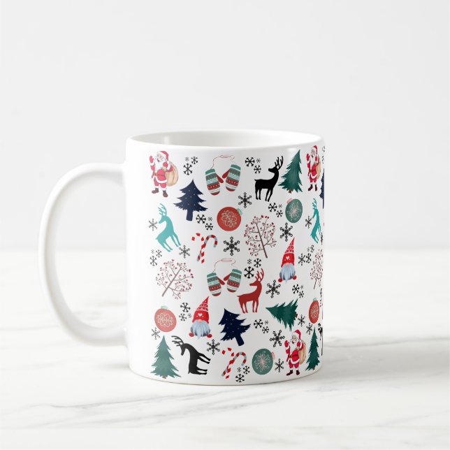 Caneca De Café Santa Claus Reindeer Pine Trees Mittens Padrão (Esquerda)