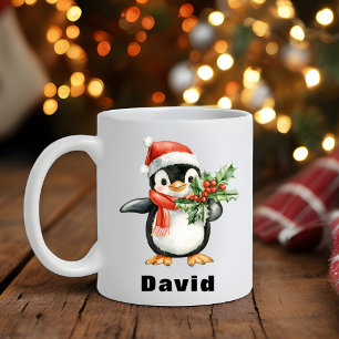 Caneca De Café Santa Hat Penguin segurando Holly de Natal