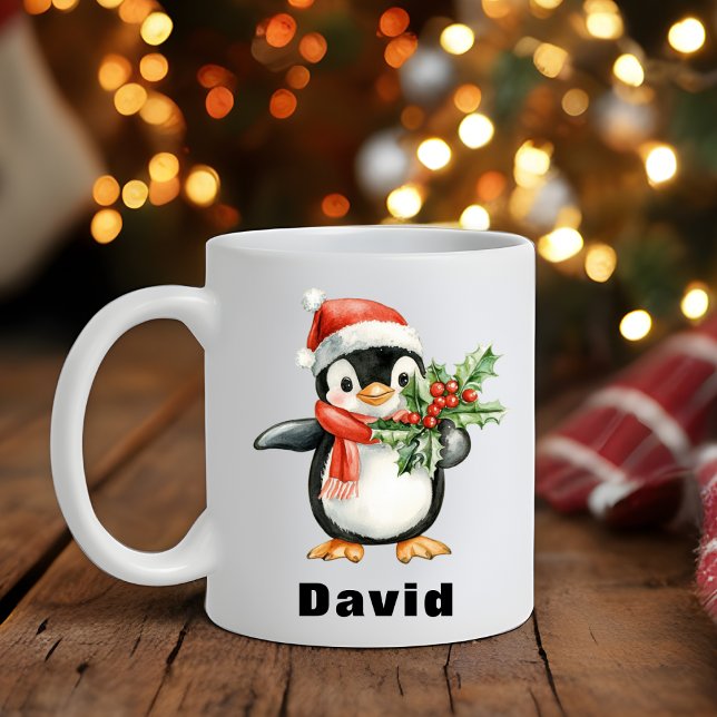 Caneca De Café Santa Hat Penguin segurando Holly de Natal (Santa Hat Penguin Holding Christmas Holly Coffee Mug)