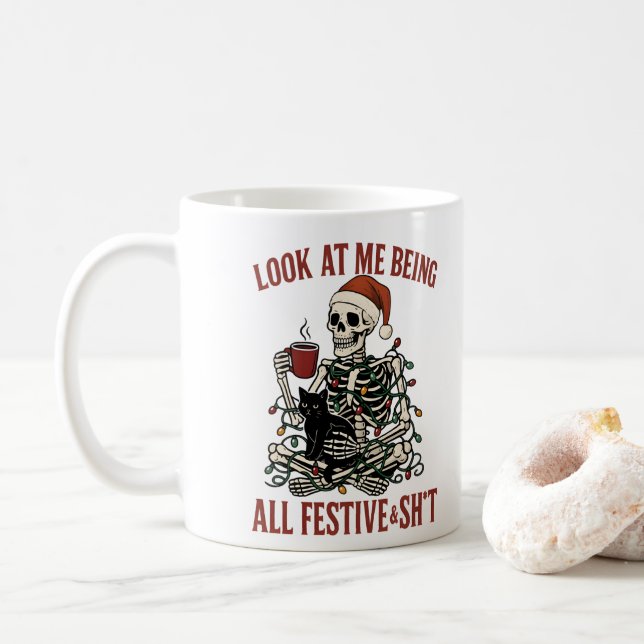 Caneca De Café Santa Skeleton with Cat Holiday Snark (Com Donut)