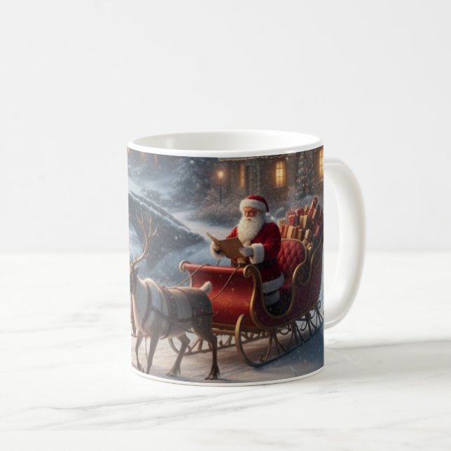 Caneca De Café Santa Sleigh Reindeer Snowy Christmas Village Mug (Frente Esquerda)