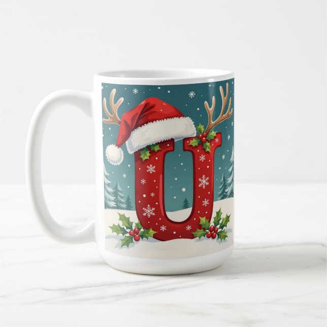 Caneca De Café Santa's hat Monogrogram initial U merry Christmas  (Esquerda)