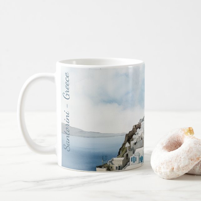 Caneca De Café Santorini Grécia Watercolor (Com Donut)