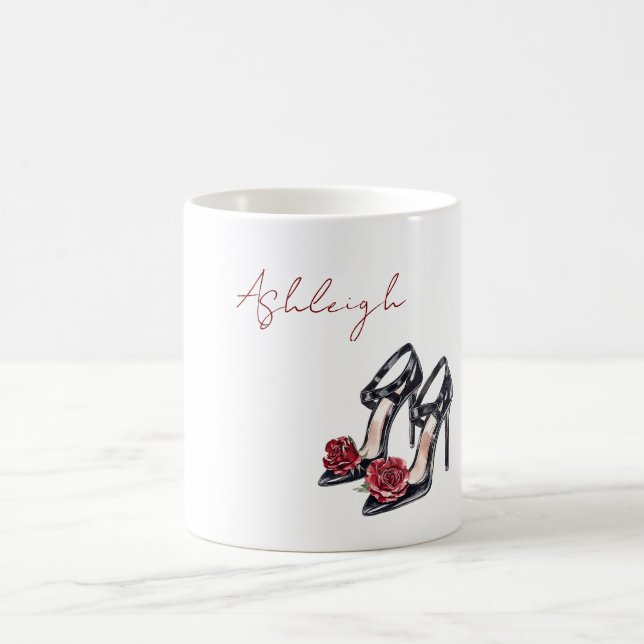 Caneca De Café Sapatos Pretos Vermelhos Florais de Rosa de Salto  (Centro)