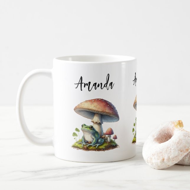 Caneca De Café Sapo Debaixo de um Cogumelo Natureza Fofa (Com Donut)