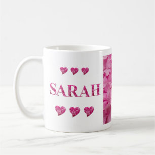 Caneca De Café "Sarah" Letras Florais Rosa Hidrangea, Corações Bo