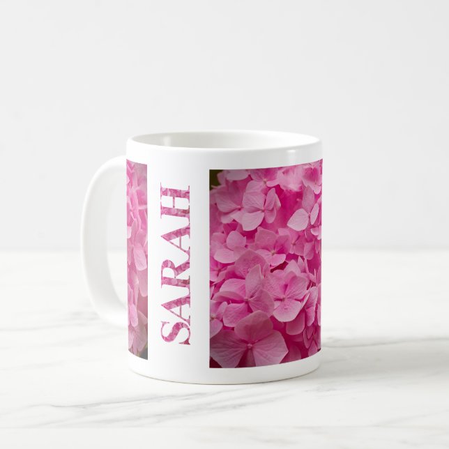 Caneca De Café "Sarah" Primavera rosa Hydrangea Arte Floral (Frente Esquerda)