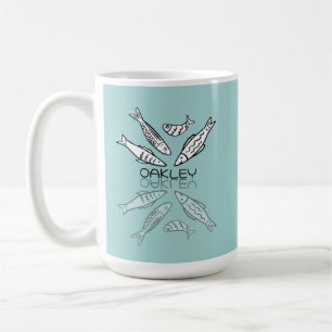 Caneca De Café Sardinhas Azuis Fofas Reflexo Doodle Nome Personal