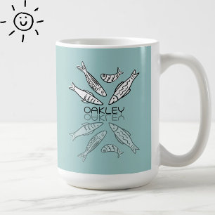Caneca De Café Sardinhas Azuis Fofas Reflexo Doodle Nome Personal