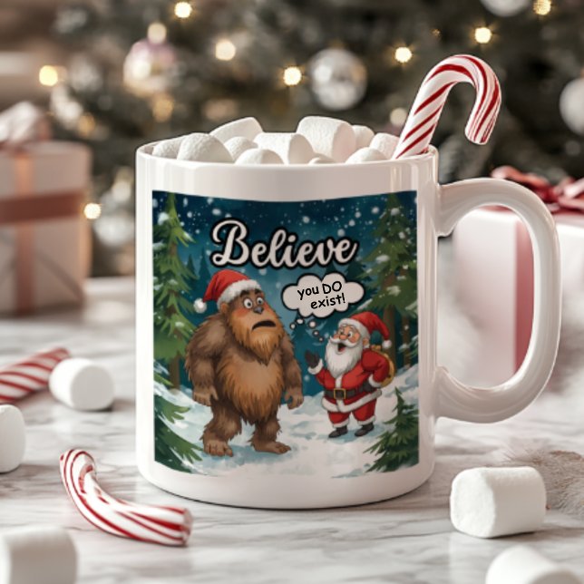 Caneca De Café Sasquatch Meets Santa I Believe Funny Christmas (Criador carregado)