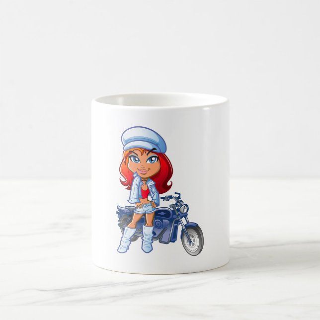 Caneca De Café Sassy Biker Girl com cabelo vermelho e motocicleta (Criador carregado)