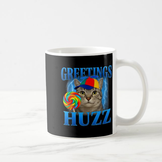 Caneca De Café Saudações Huzz Design de Meme de Gato Engraçado Pa (Direita)