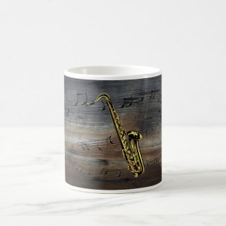 Caneca De Café Saxofone ~ Escala Musical ~ Fundo Barnwood