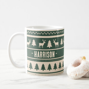 Caneca De Café Scandi Fair Isle Suéter Feio Verde com Nome Pers