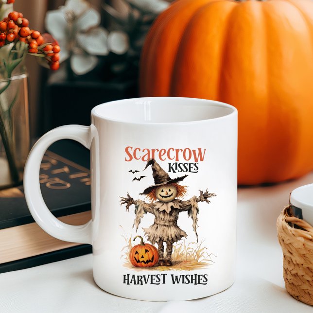 Caneca De Café Scarecrow Kisses e Harvest Deseja o outono (Scarecrow Kisses and Harvest Wishes Vintage Autumn Coffee Mug)
