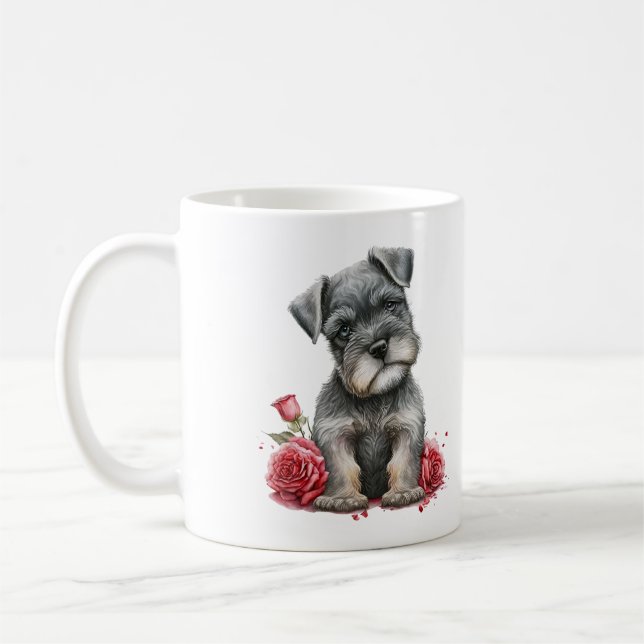 Caneca De Café Schnauzer De Miniatura De Aquarela Com Rosas verme (Esquerda)