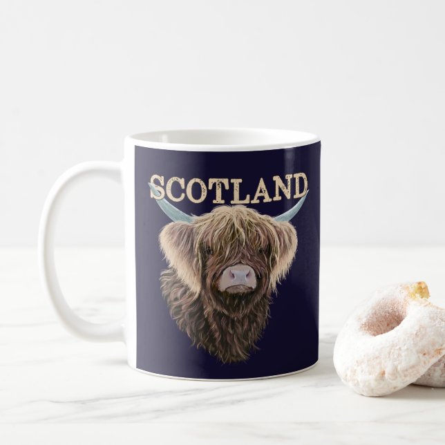 Caneca De Café Scottish Highland Cow With Scotland Slogan (Com Donut)