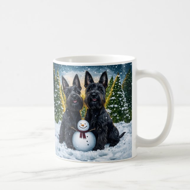 Caneca De Café Scottish Terriers and Winter Snowman (Direita)