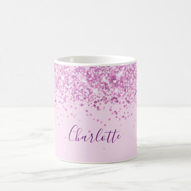 Caneca De Café Script de nome de confetti roxo pink (Centro)