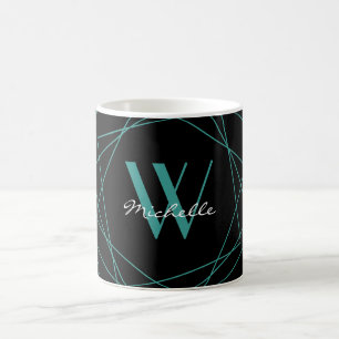 Caneca De Café Script de Nome Geométrico Elegante de Teal Preto
