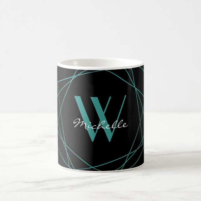 Caneca De Café Script de Nome Geométrico Elegante de Teal Preto (Centro)