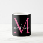 Caneca De Café Script Elegante de Monograma Rosa Quente Negra<br><div class="desc">Mangueira Negra-Quente-Magenta-Rosa Monograma-Rosa-Raiz-Na moda Coffee</div>
