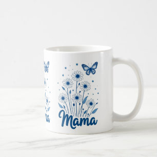 Caneca De Café Script Floral Mama com Borboleta Azul