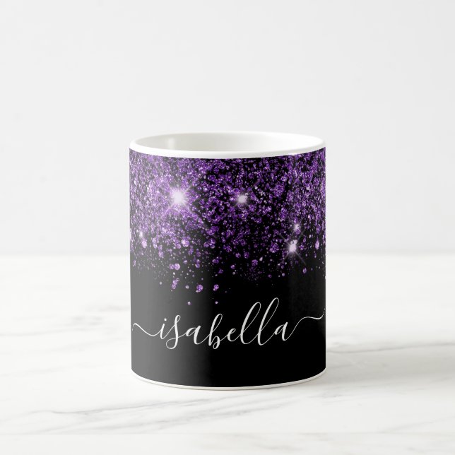 Caneca De Café Script glam de nome de brilho roxo preto (Centro)