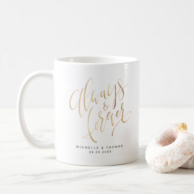Caneca De Café Script Moderno Faux Dourado Simples, Sempre E Para (Com Donut)