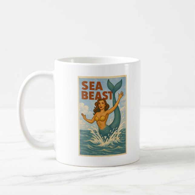 Caneca De Café Sea Beast Retro Mermaid | Funny Coastal Beach Life (Esquerda)