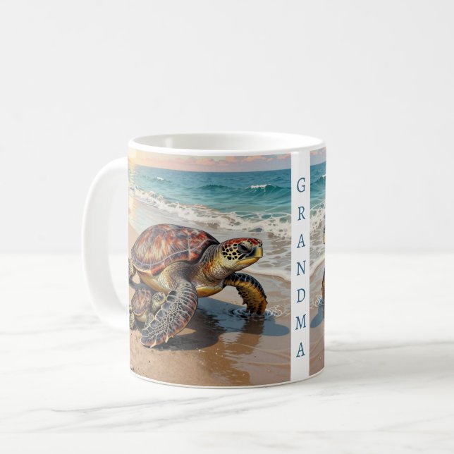 Caneca De Café Sea Turtle and Baby Illustration | Personalized (Frente Esquerda)