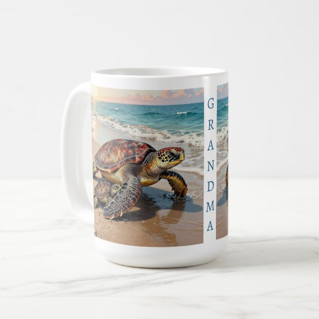 Caneca De Café Sea Turtle and Baby Illustration | Personalized (Frente Esquerda)