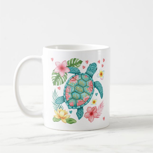 Caneca De Café Sea Turtle Tropical Flowers Summer (Esquerda)