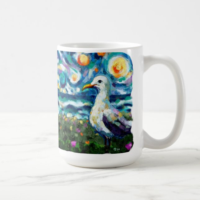 Caneca De Café Seagull Van Gogh Style Beach Sky Blue Teal (Direita)