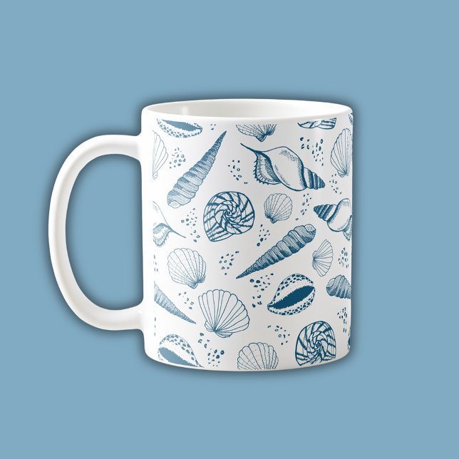 Caneca De Café Seashell Blue White Beach (Coastal chic blue seashell nautical beach vibe coffee mug)