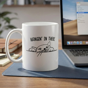 Caneca De Café Segurando firme gato preto e branco frase engraçad