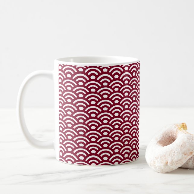 Caneca De Café Seigaiha, Ondas, Japonês, Borgonha e Branco (Com Donut)