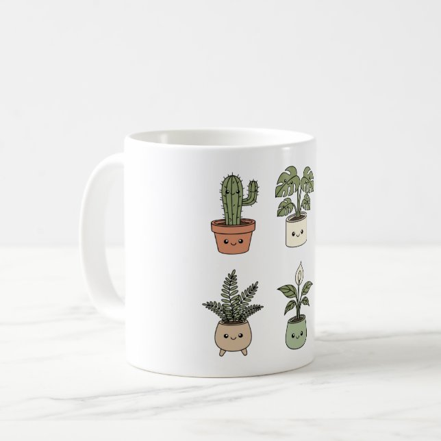 Caneca de Café Seis Plantas Felizes | Alívio do Es (Frente Esquerda)