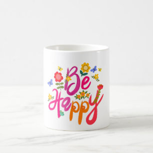 Caneca De Café Seja Feliz – Floral Colorido e Borboleta Boho