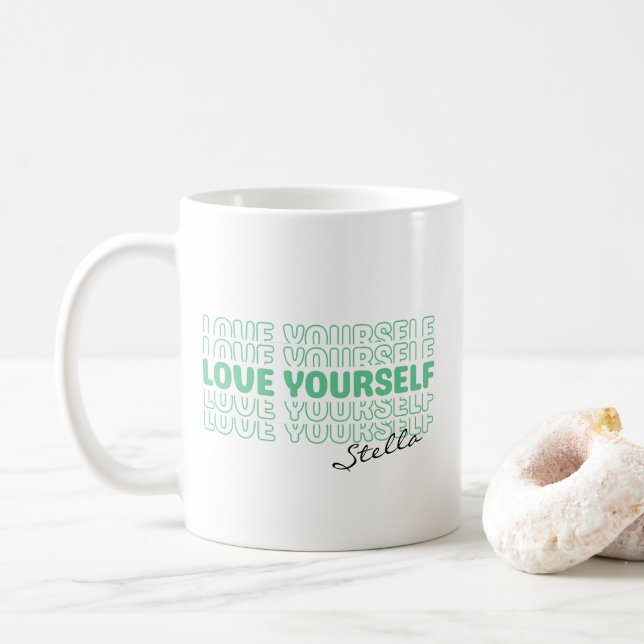 Caneca De Café Self Love Mint Wavy Retro Custom Name Text (Com Donut)