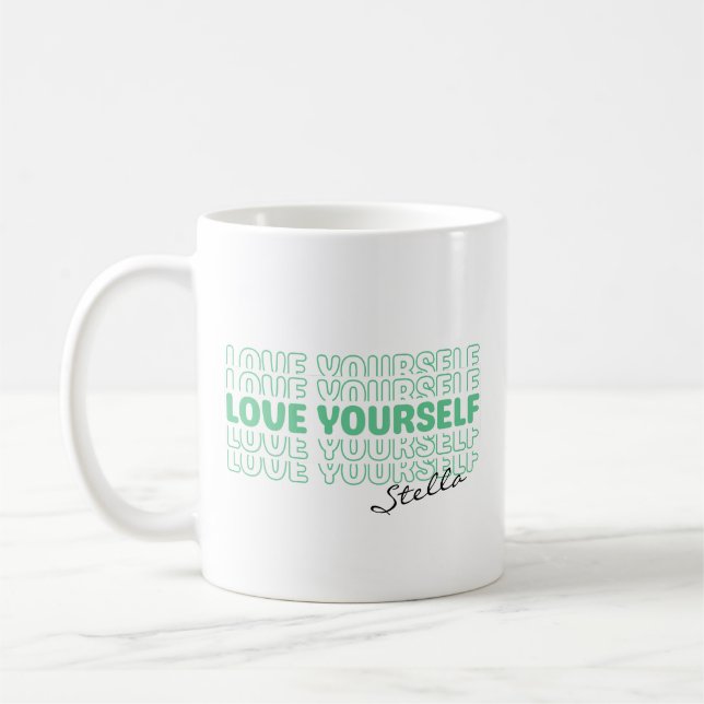 Caneca De Café Self Love Mint Wavy Retro Custom Name Text (Esquerda)