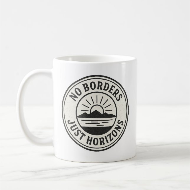 Caneca De Café Selo Antigo – “Sem Fronteiras, Apenas Horizontes”. (Esquerda)