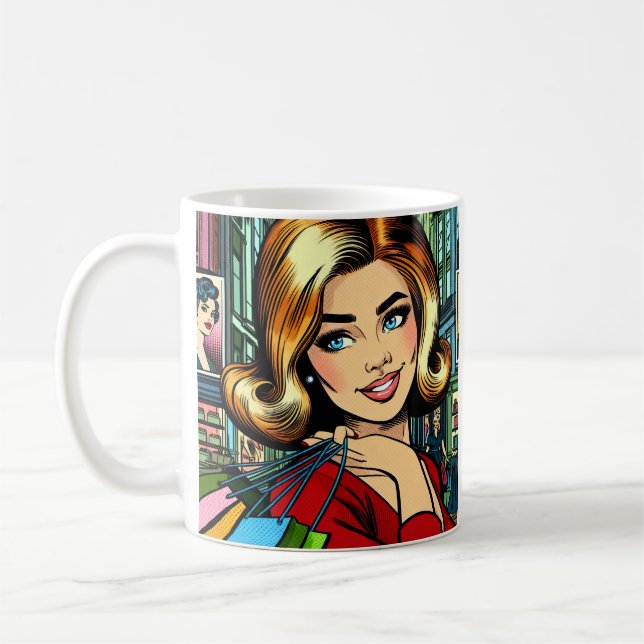 Caneca De Café Senhora Retro com Sacolas de Compras Personalizada (Esquerda)