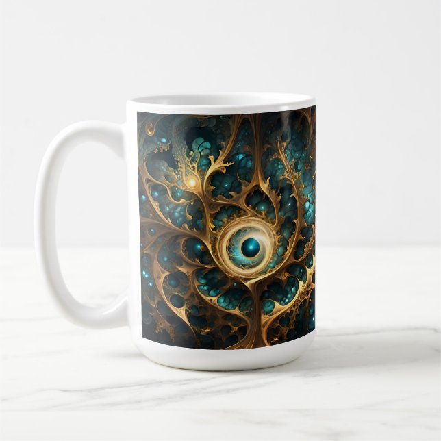 Caneca De Café Sentido De Arte Fractal Dourada E Teal, (Esquerda)