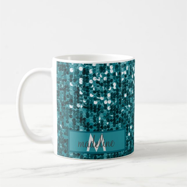 Caneca De Café Sequência de Teal Sparkly Personalizada/Nome da Gl (Esquerda)
