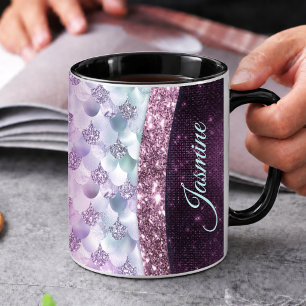Caneca De Café Sereia chic rosa prata monograma brilho falso