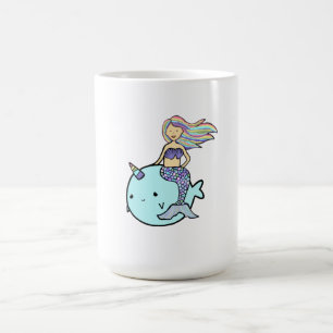Caneca De Café Sereia com Cabelo Arco-íris cavalgando seu Pet Na