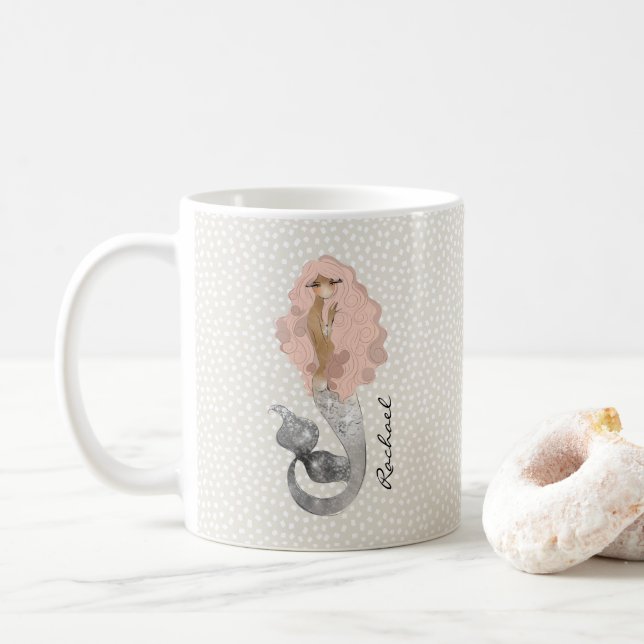 Caneca De Café Sereia com cabelo rosa e seu nome (Com Donut)