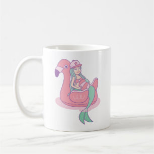 Caneca De Café Sereia Fofa em Flutuador de Flamingo no Piscina En