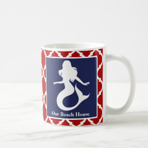 Caneca De Café Sereia Vermelho Branco Azul Náutico Nome Personali